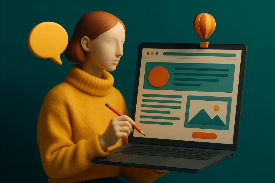 Person designing webpage on laptop