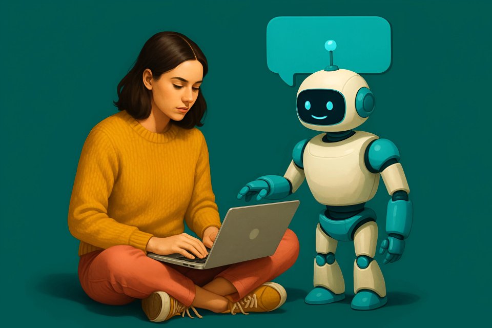 Kvinde med bærbar computer og venlig robot