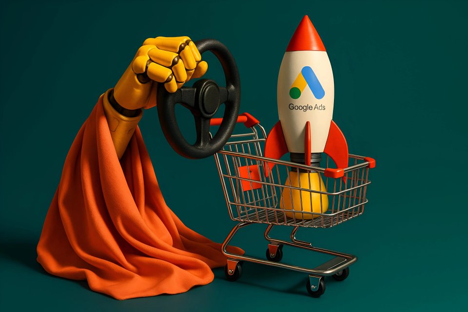 Robothånd som styrer en Google Ads-rakett