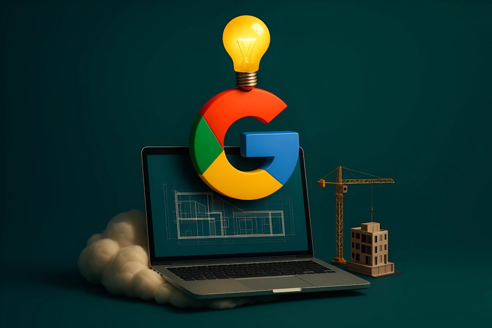 Google-logo med laptop og byggeverktøy