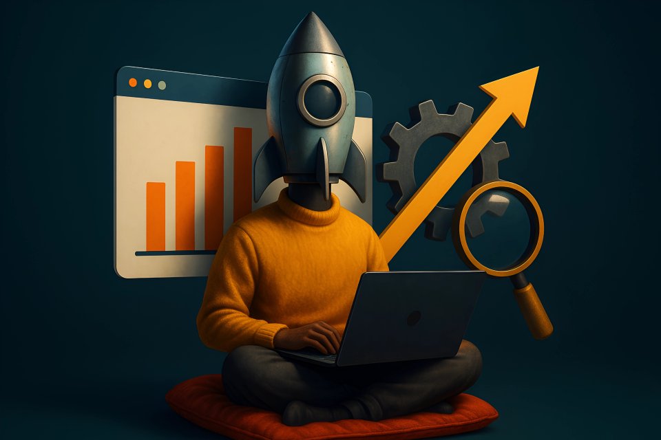 Person with rocket head using laptop