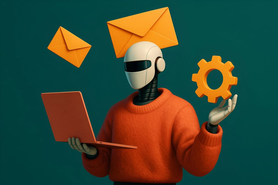 Robot med bærbar computer og konvolutter